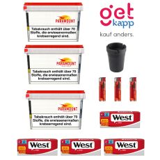 Sparset Tabak Paramount 165g Mega Box Eimer. Drei weiße Eimer mit Paramont Logo mit West Hülsen, Ascher und Feuerzeug.