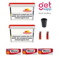 Sparset Tabak Paramount 165g Mega Box. Zwei weiße Eimer mit Paramont Logo mit West Hülsen, Ascher und Feuerzeugen.