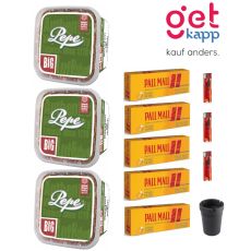 Sparset Pepe Tabak Rich Green Big Box. Drei grüne Eimer mit Pall Mall Hülsen, Feuerzeuge und Aschenbecher.