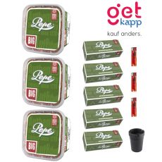 Sparset Pepe Tabak Rich Green. Drei grüne Eimer mit Pepe Hülsen, Feuerzeuge und Aschenbecher.