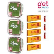 Sparset Pepe Tabak Rich Green Big Box. Drei grüne Eimer mit Pall Mall Hülsen und dre roten Feuerzeugen.
