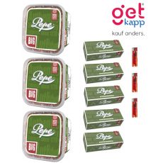 Sparset Pepe Tabak Rich Green. Drei grüne Eimer mit Pepe Hülsen und drei roten Feuerzeugen.