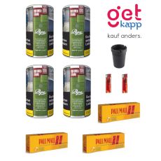 Sparset Pepe Tabak Rich Green XXL. Vier grüne Dosen mit Pall Mall Hülsen, Feuerzeuge und Aschenbecher.
