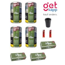 Sparset Pepe Tabak Rich Green XXL. Vier grüne Dosen mit Pepe Hülsen, Feuerzeuge und Aschenbecher.
