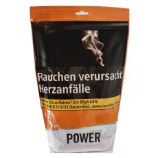Beutel Tabak Power Volume Tobacco. Oranger Beutel mit silbernen Löwenkopf und schwarzer Power Aufschrift.