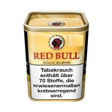 Dose Red Bull Gold Blend Feinschnitt 120g. Gelbe Dose mit roter Red Bull Aufschrift und Indianer.