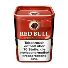 Dose Tabak Red Bull Special Blend Feinschnitt 120g. Rote Dose mit weißer Red Bull Aufschrift und Indianer.