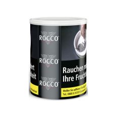 Dose Tabak Rocco Black. Schwarze Dose mit weißem Adler und Rocco Logo und Warnhinweis.