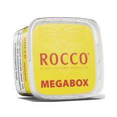 Eimer Tabak Rocco High Volume Mega-Box. Gelber Eimer mit rotem Rocco und Mega Box Logo.