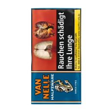 Pouch Tabak Van Nelle Halfzware. Blaues Päckchen mit goldenem Anker und Frau und orangen Van Nelle Aufschrift.