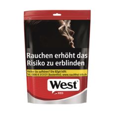 Beutel Tabak West red 100g. Rot-grauer Beutel mit schwarz-weisem West Logo und Warnhinweis.