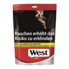 Beutel Tabak West red 150g. Rot-grauer Beutel mit schwarz-weisem West Logo und Warnaufschrift.