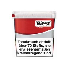 Eimer Tabak West red Super Box 220g. Großer rot-grauer Eimer mit schwarz-weißem West Logo.