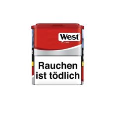 Dose Tabak West Red 45g. Rot-graue Dose mit schwarz-weißem West Logo und Warnhinweis.