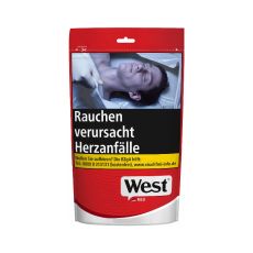 Beutel Tabak West red 75g. Rot-grauer Beutel mit schwarz-weisem West Logo und Warnaufschrift.
