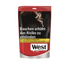 Beutel Tabak West red 75g. Rot-grauer Beutel mit schwarz-weisem West Logo und Warnaufschrift.