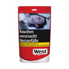 Beutel Tabak West red 100g. Rot-grauer Beutel mit schwarz-weisem West Logo und Warnhinweis.