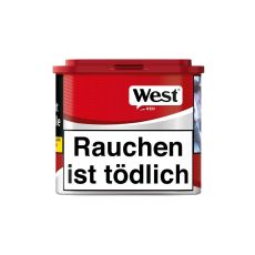Dose Tabak West Red. Rot-graue Dose mit schwarz-weißem West Logo und Warnhinweis.