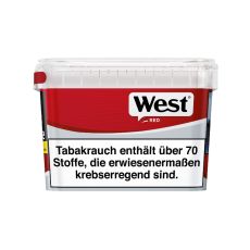 Eimer Tabak West red Super Box 220g. Großer rot-grauer Eimer mit schwarz-weißem West Logo.