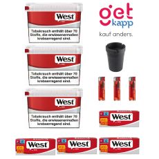 Sparset Tabak West red Big Box 125g Eimer. Drei rot-graue Eimer mit West Logo mit Hülsen, Ascher und Feuerzeug.