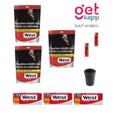 Sparset Tabak West red L Beutel 100g. Drei rot-graue Beutel mit West Logo, Hülsen, Ascher und Feuerzeug.