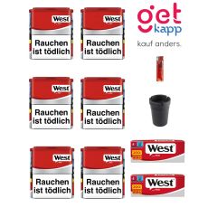 Sparset Tabak West Red M 6er 45g. Sechs rot-graue Dosen mit West Logo, Hülsen, Ascher und Feuerzeug.