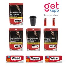 Sparset Tabak West red M Beutel 75g. Vier rot-graue Beutel mit West Logo, Hülsen, Ascher und Feuerzeug.
