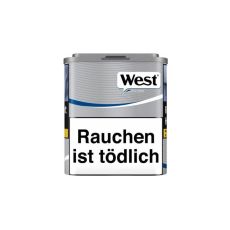 Dose Tabak West Silver 45g. Silber-graue Dose mit schwarz-weißem West Logo und blauen Streifen.