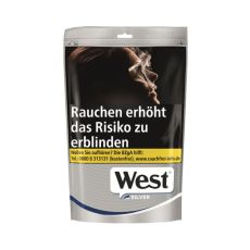 Beutel Tabak West Silver 75g. Silber-grauer Beutel mit weiß-schwarzem West Logo und Warnhinweis.