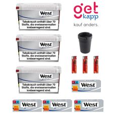 Sparset Tabak West Silver Big Box 125g Eimer. Drei silber-graue Eimer mit West Logo mit Hülsen, Ascher und Feuerzeug.