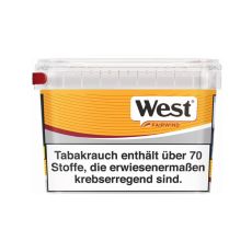 Eimer Tabak West Yellow Super Box 140g. Gelb-rot-grauer Eimer mit West Logo und Fairwind Aufschrift.