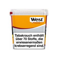 Eimer Tabak West Yellow Mega Box 250g. Gelb-rot-grauer Eimer mit West Logo und Fairwind Aufschrift.