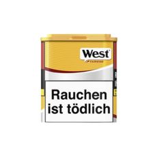 Dose Tabak West Yellow 50g. Gelb-graue Dose mit schwarz-weißem West Logo und Fairwind Aufschrift.