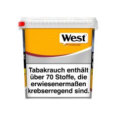 Eimer Tabak West Yellow Giga Box. Gelb-rot-grauer Eimer mit West Logo und Fairwind Aufschrift.