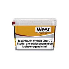 Eimer Tabak West Yellow Super Box 140g. Gelb-rot-grauer Eimer mit West Logo und Fairwind Aufschrift.