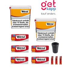 Sparset Tabak West Yellow Mega Box 250g Eimer. Zwei gelb-graue Eimer mit West Logo, Hülsen, Ascher, Feuerzeuge.