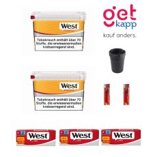 Sparset Tabak West Yellow Super Box 140g Eimer. Zwei gelb-graue Eimer mit West Logo, Hülsen, Ascher, Feuerzeuge.