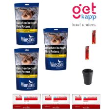 Sparset Tabak Winston blau Beutel. Drei blaue Beutel mit Hülsen, Ascher und Feuerzeuge.