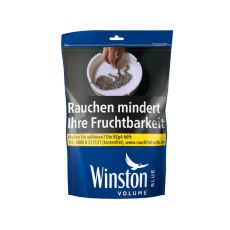 Beutel Winston Tabak blau. Blauer Beutel mit weißem Winston Logo und Warnhinweis.