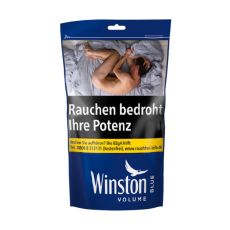 Beutel Winston Tabak blau. Blauer Beutel mit weißem Winston Logo und Warnhinweis.