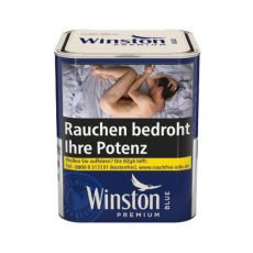 Dose Tabak Winston Premium Blau. Blaue Dose mit weißm Deckel und weißer Winston und Premium Aufschrift.