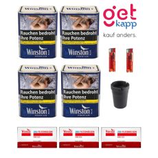 Sparset Tabak Winston Premium Blau S. Vier blaue Dosen mit Winston Hülsen, Ascher und Feuerzeugen.
