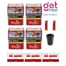 Sparset Angebot 4 x Winston Premium rot / red Dose 80g Feinschnitt-Tabak Cekca Can, 3 x Winston 200 King Size Filterhülsen, 2 x Feuerzeug Einweg, 1 x Autoaschenbecher