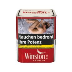Dose Tabak Winston Premium Rot. Rote Dose mit weißm Deckel und weißer Winston und Premium Aufschrift.