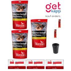 Sparset Tabak Winston rot Beutel XXL. Drei rote Beutel mit Hülsen, Ascher und Feuerzeuge.