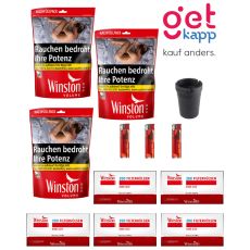 Sparset Tabak Winston Rot Beutel XXXL. Drei große rote Beutel mit Hülsen, Ascher und Feuerzeuge.