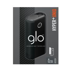Tabakerhitzer Glo Hyper Plus Uniq Device Kit Carbon Black. Grau-schwarze Packung mit schwarzem Gerät.