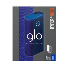 Tabakerhitzer Glo Hyper Plus Uniq Device Kit Blue. Grau-blaue Packung mit blauem Gerät.