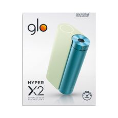 Tabakerhitzer Glo Hyper X2 Device Mint Bluegreen. Verpackung Glo Tabak Heater Hyper X2 in mint blaugrün.