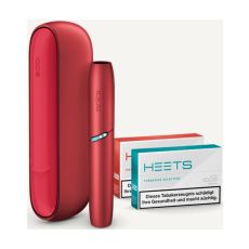 Tabakerhitzer IQOS Originals Duo Kit Red. Roter Tabakerhitzer mit passenden Holder mit zwei Packungen HEETS.